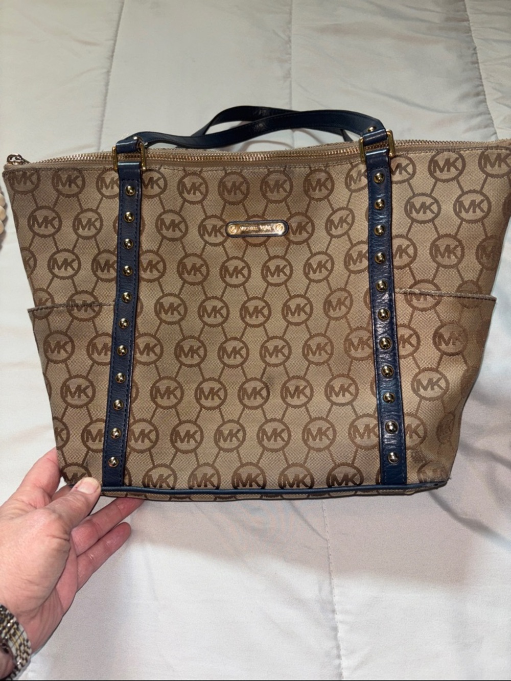 Michael Kors Brown Logo Tote with Black Trim and Stud Details